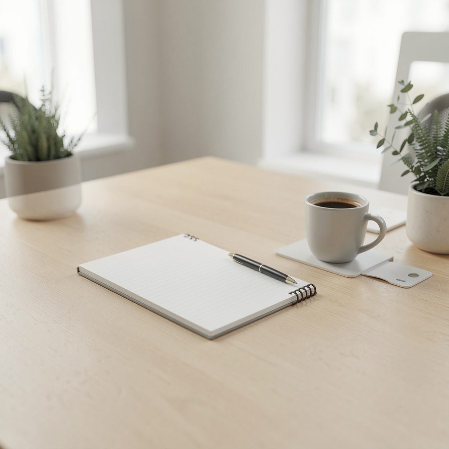 Aufgeräumter Arbeitsplatz mit Notizblock und Kaffee